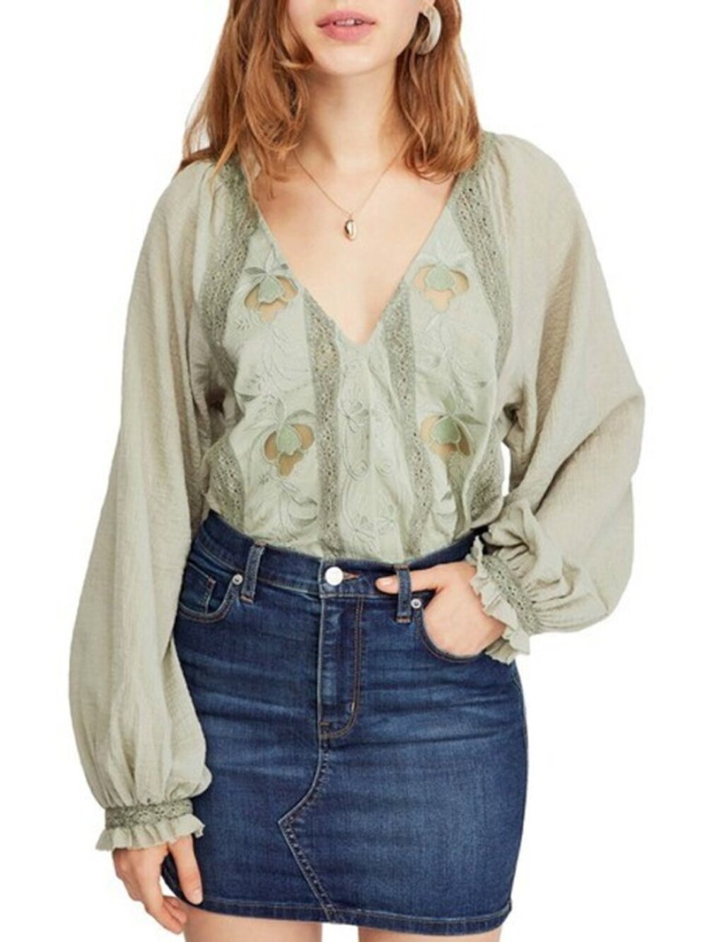 Free People Sivan Sage Green Bohemian Embroidered Blouse Size XS